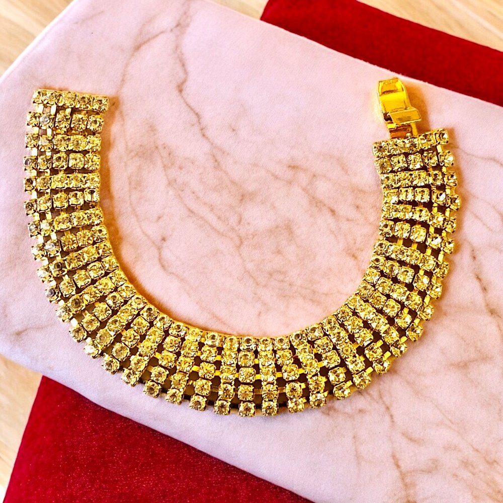 Vintage Rhinestone Bracelet Gold-tone Prong Set 5 Rows